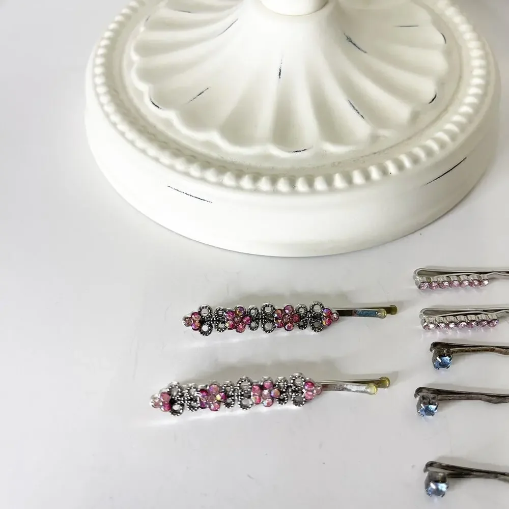Lot‎ of 7 Vintage Y2K Rhinestone Silver Bobby Pins 90s Fashion Glam Sparkle